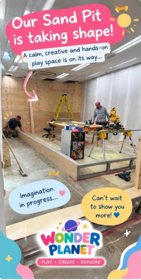 The raised timber frame of the Wonder Planet sand pit under construction