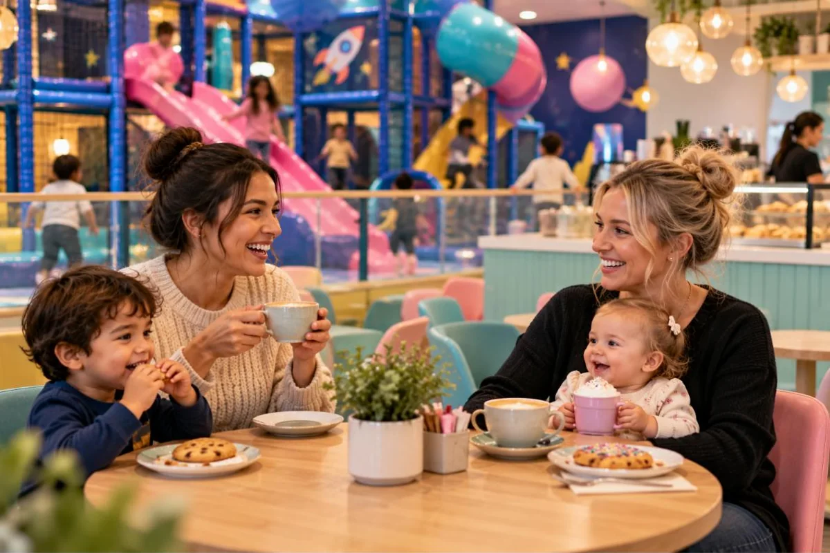 Parents relaxing with coffee and a babyccino in the family café while children play in the soft play behind