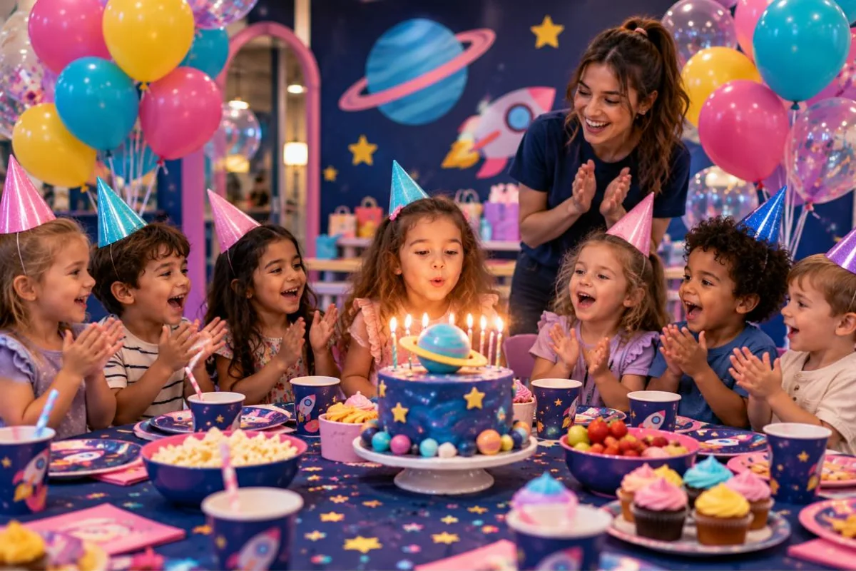 A birthday girl blowing out candles on a planet cake while friends in party hats cheer