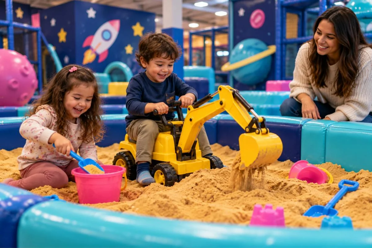 Two children digging in the indoor sand pit with a yellow ride-on digger