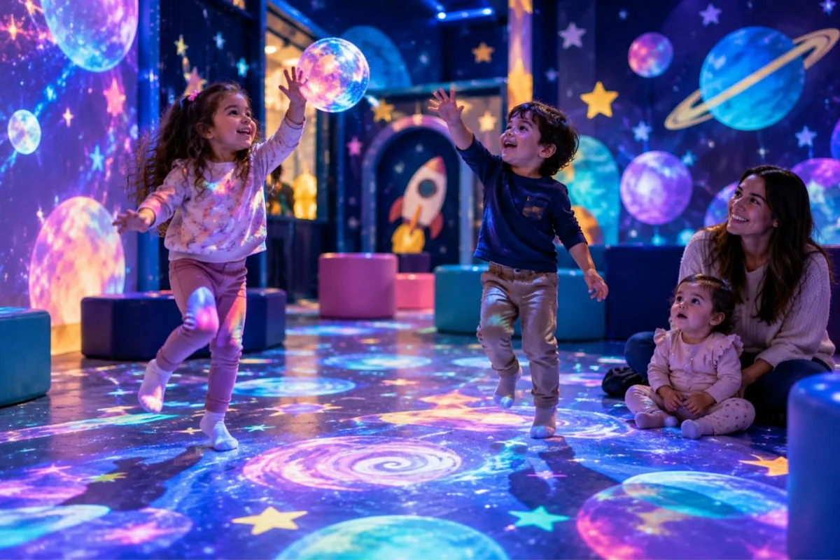 Children reaching for glowing planets projected on the floor and walls of the sensory room