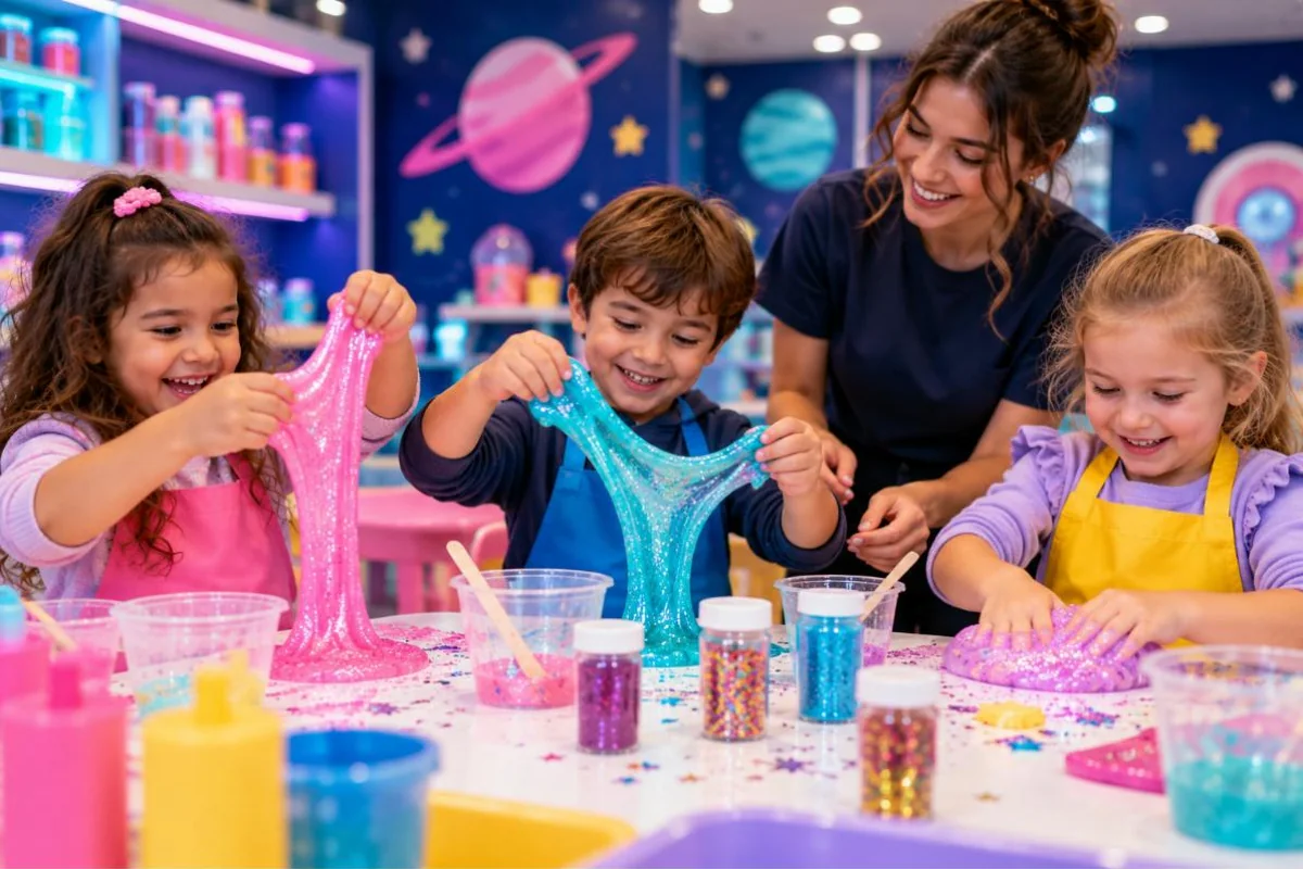 Children stretching glittery pink and turquoise slime at the Slime Lab table