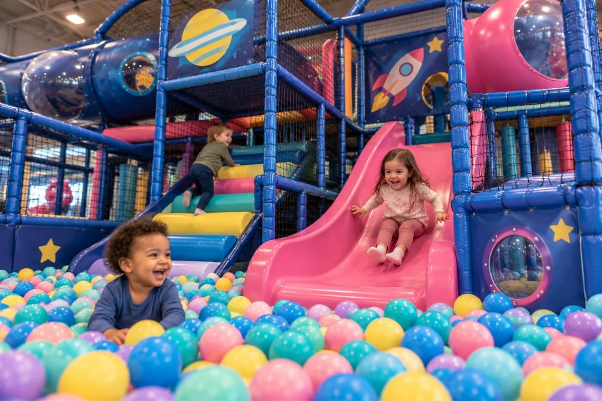 Children sliding down a pink slide and playing in a ball pit inside a space-themed soft play frame