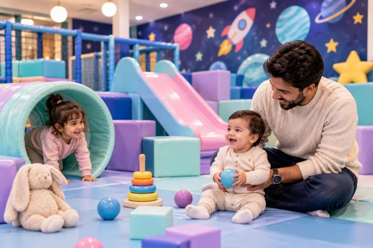 A toddler crawling through a soft tunnel while a baby plays with a parent in the calm toddler zone