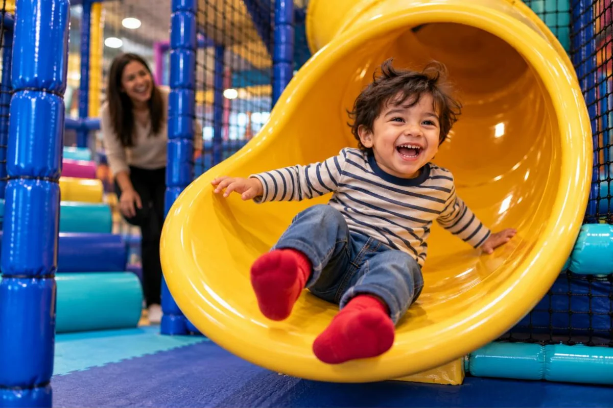 A laughing toddler in red socks whooshing out of a yellow tube slide